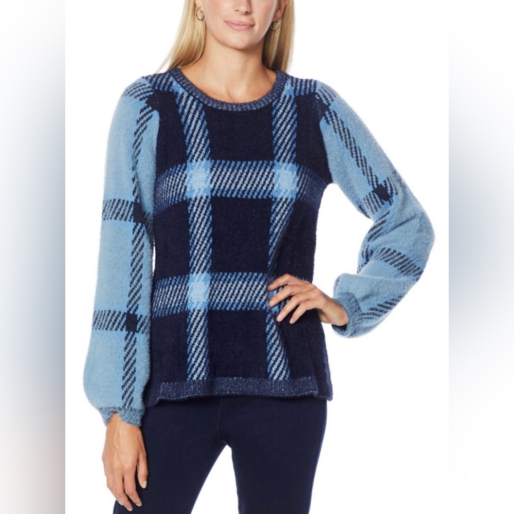 Plaid Lantern-Sleeve Jacquard Sweater DG2 by Diane Gilman